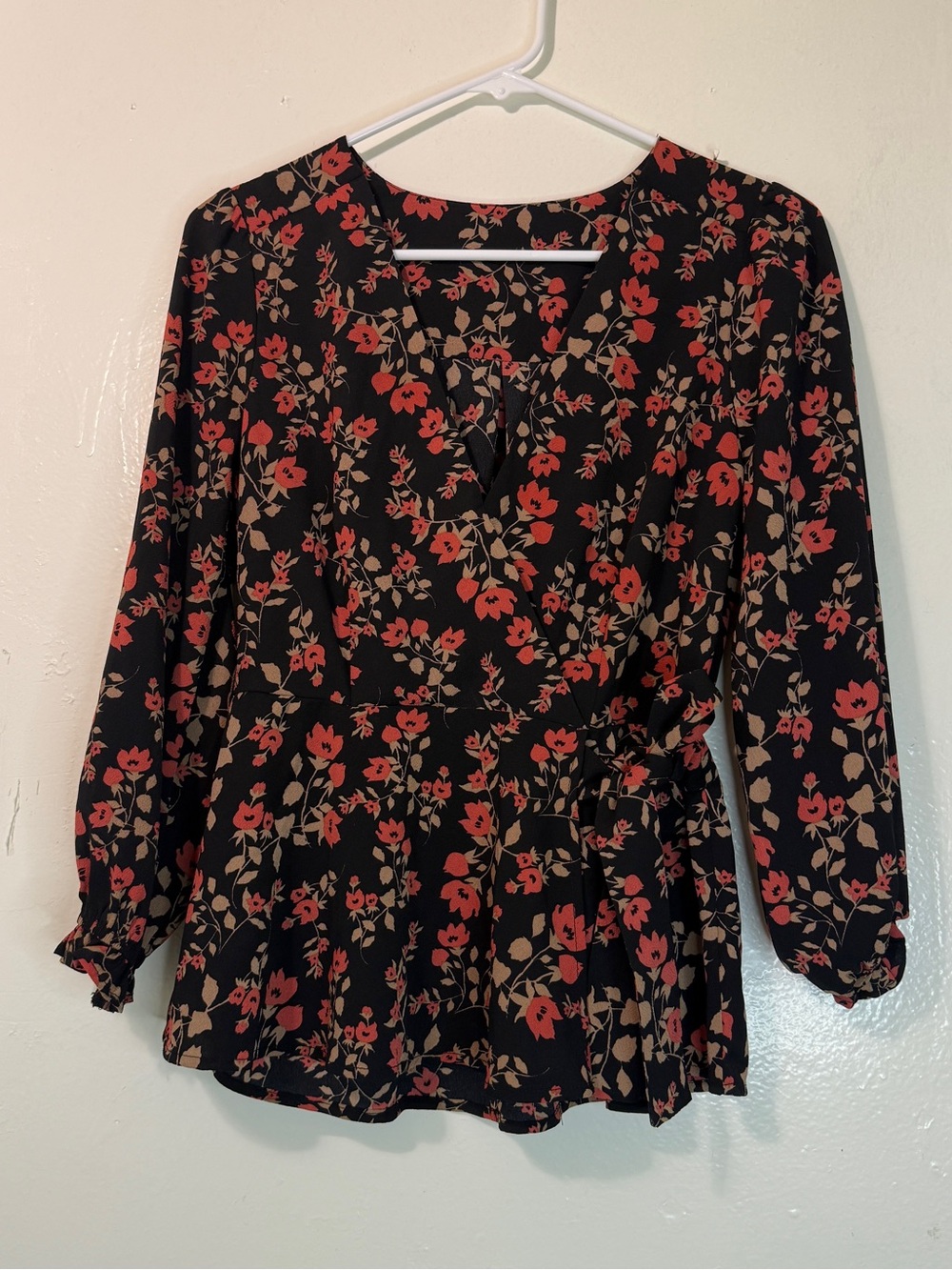 Floral Faux Wrap Peplum Blouse Black Red Long Sleeve Top